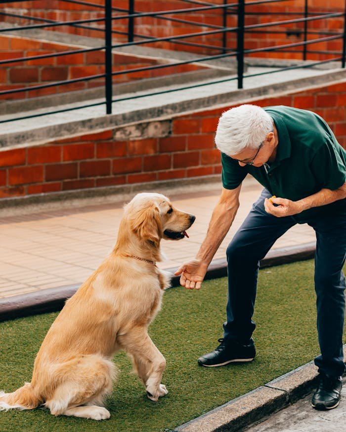 An elderly man interacts with his golden retriever on a sunny day, showcasing bonding and companionship.
